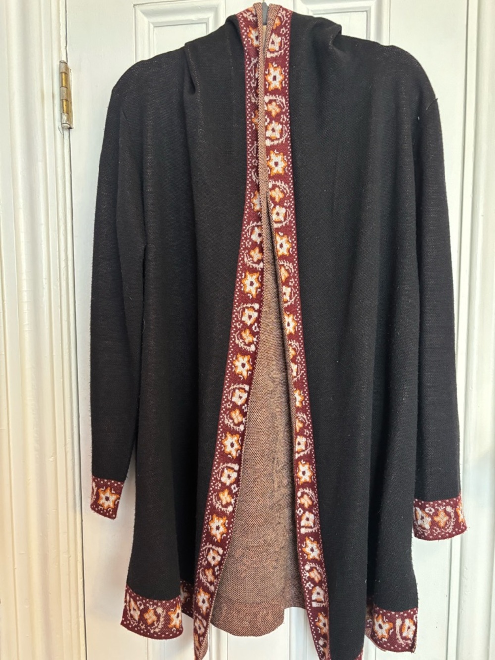 Black Open-Front Hooded Cardigan with Patterned Trim and Back